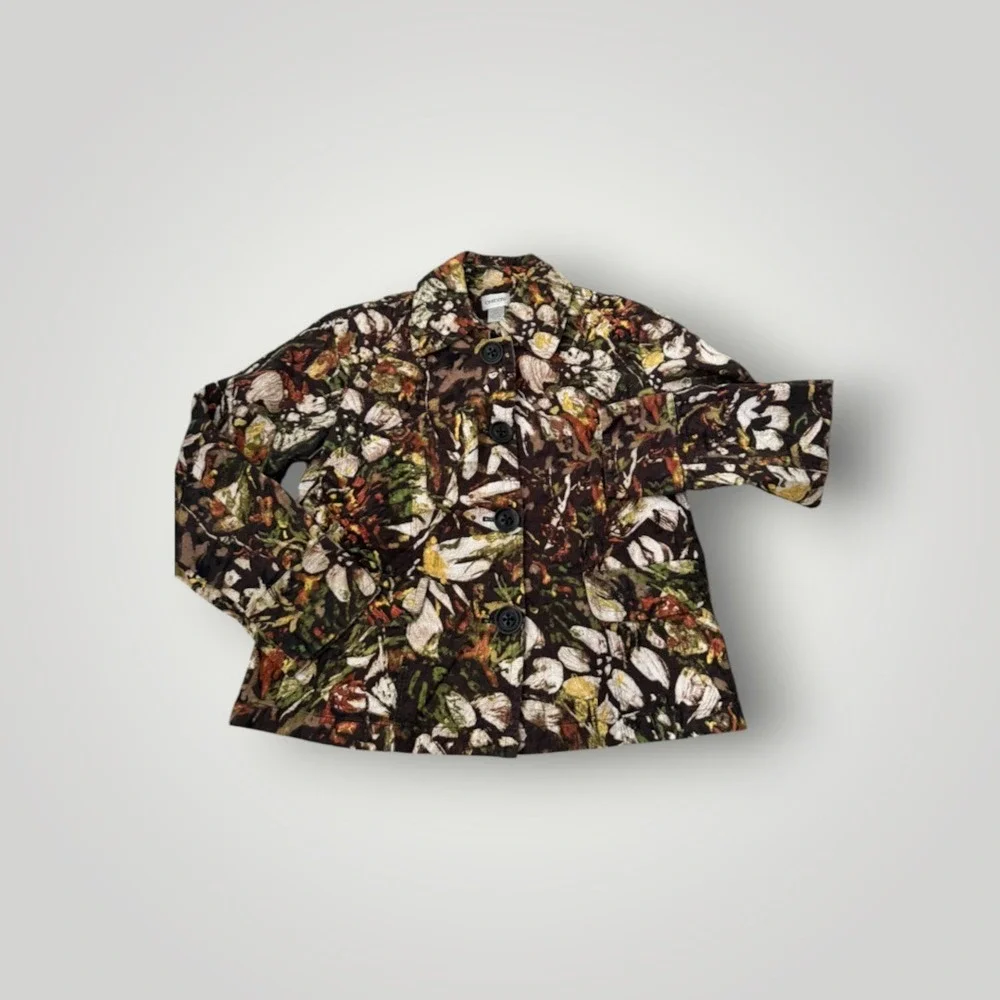 Chicos Floral Jacket Women Medium Brown Textured Botanical Art To Wear Lagenlook